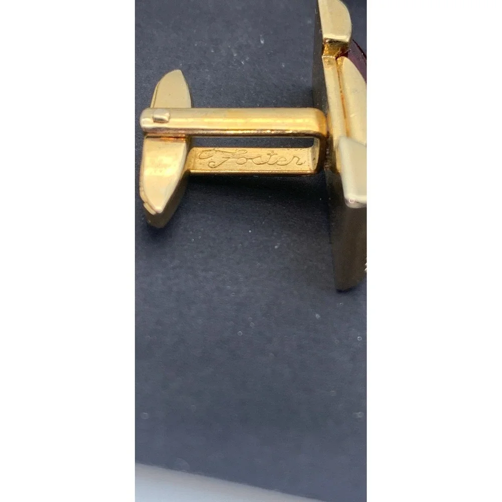 Vintage Foster Gold Tone Rectangle Cufflinks With Dark Red Cabochon Signed